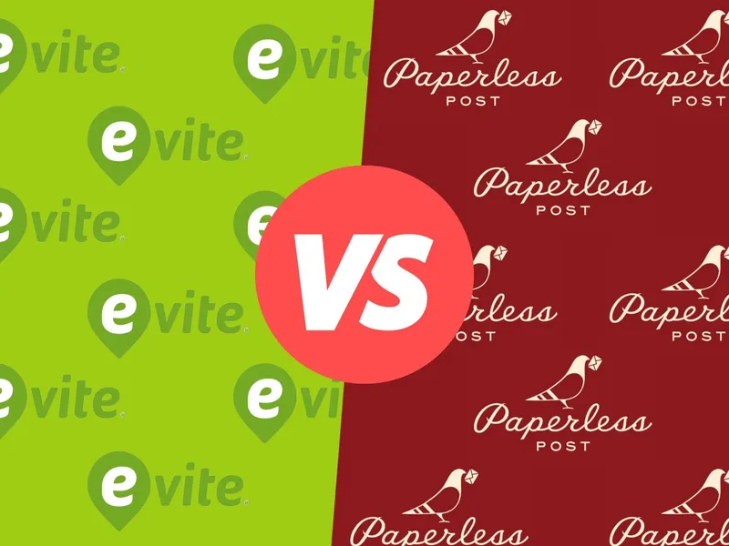 Side-by-side patterned logos of Evite and Paperless Post